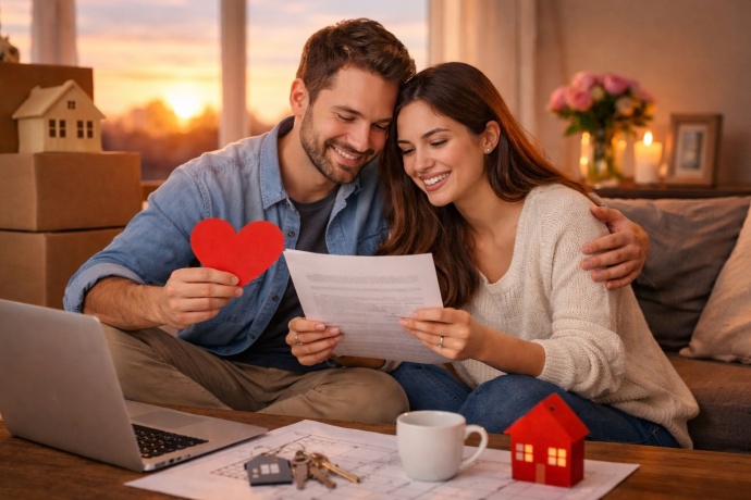 Casal jovem em casa nova a analisar documentos de crédito habitação, num ambiente romântico, num projeto de vida a dois no Dia dos Namorados